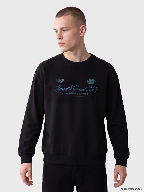 LC WAIKIKI Bisiklet Yaka Marseille Baskılı Erkek Sweatshirt
