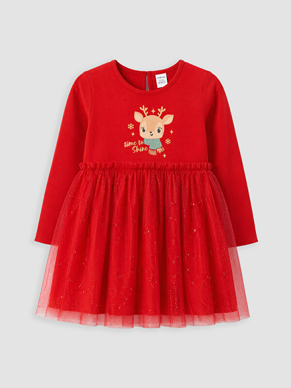 LCW Kids Rochie pentru fete cu guler rotund imprimată cu detalii din tul