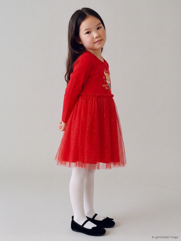 LCW Kids Crew Neck Printed Tulle Detailed Girls' Dress