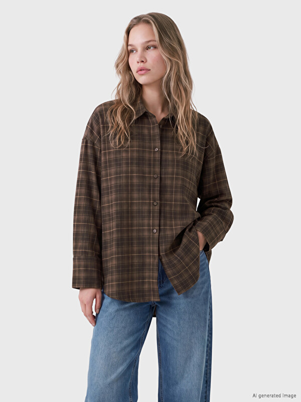 LCW Vision Plaid Oversize Poplin Women's Shirt