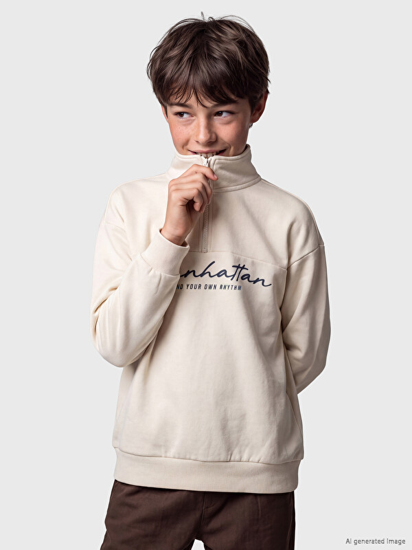 LCW Kids Mock Neck Manhattan Printed Boys' Thick Sweatshirt