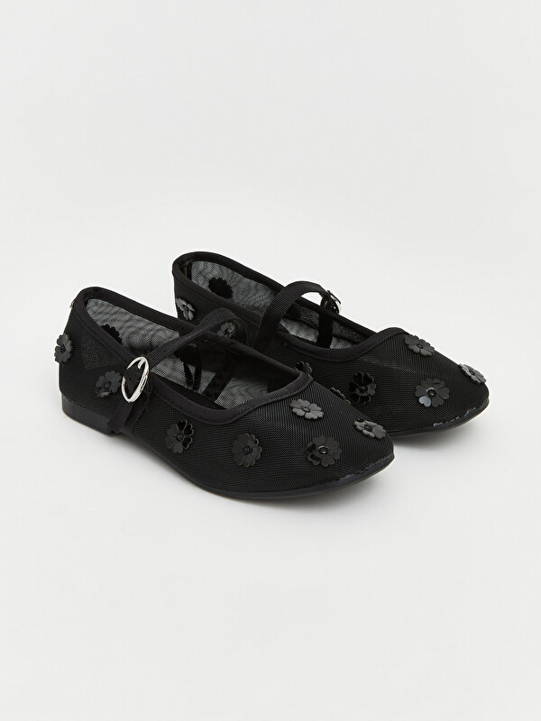 LCW STEPS Floral Embroidered Mesh Detailed Girls' Ballet Flats