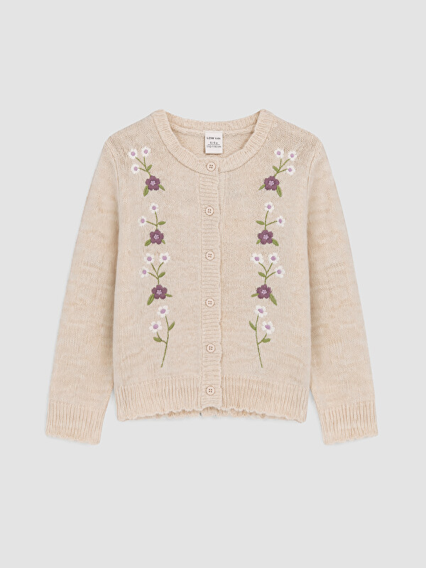 LCW Kids Crew Neck Girls' Embroidered Knitwear Cardigan