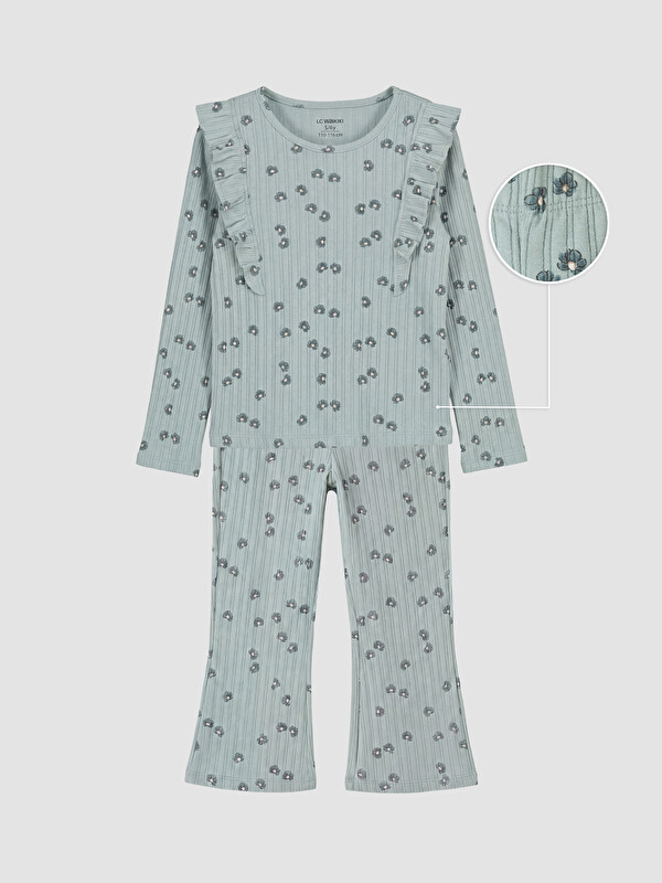 LCW Kids Crew Neck Printed Ruffled Girls' Pyjamas Set