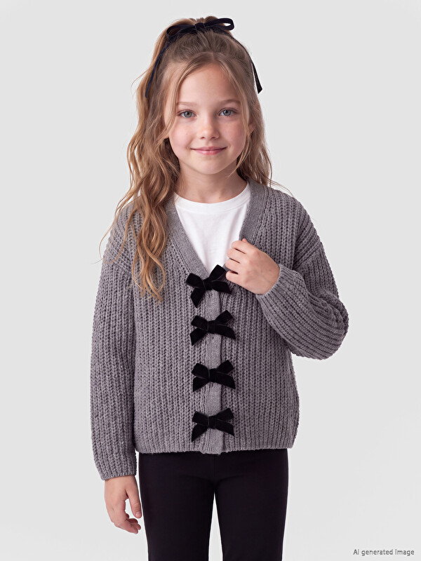 LCW Kids Fiyonk Detaylı V Yaka Kız Çocuk Triko Hırka
