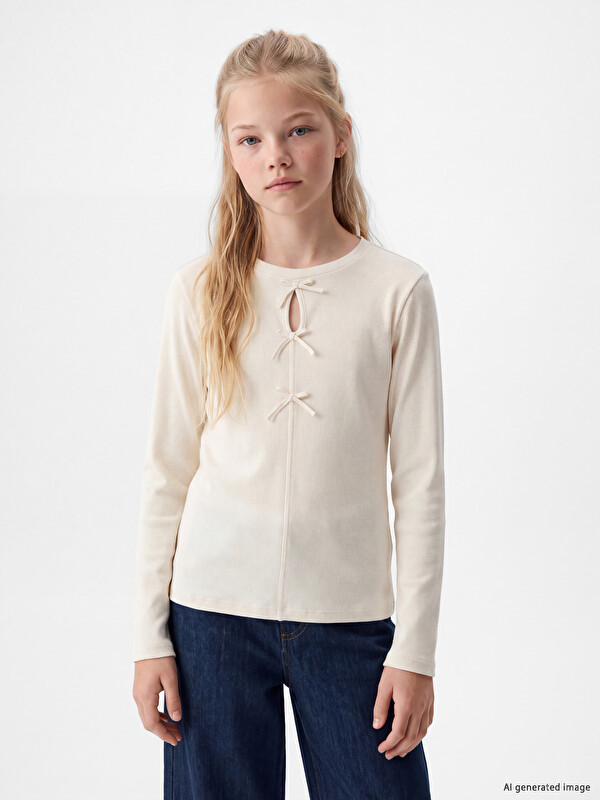 LCW Kids Crew Neck Bow Detailed Girls' Knitwear T-Shirt