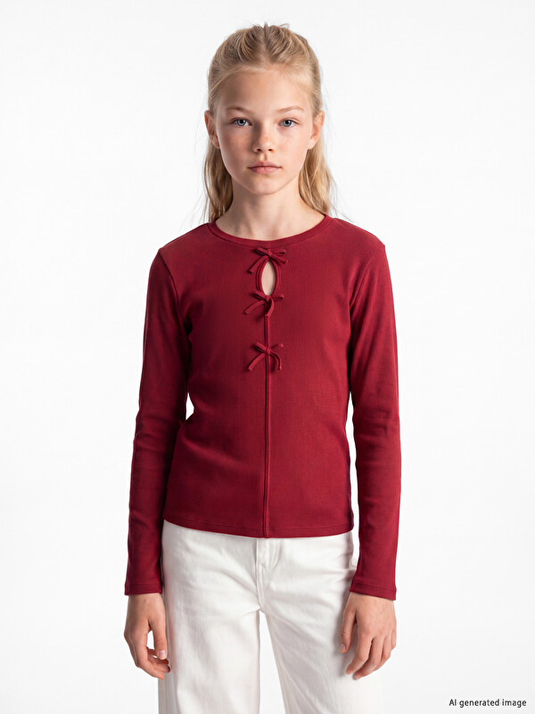 LCW Kids Crew Neck Bow Detailed Girls' T-Shirt