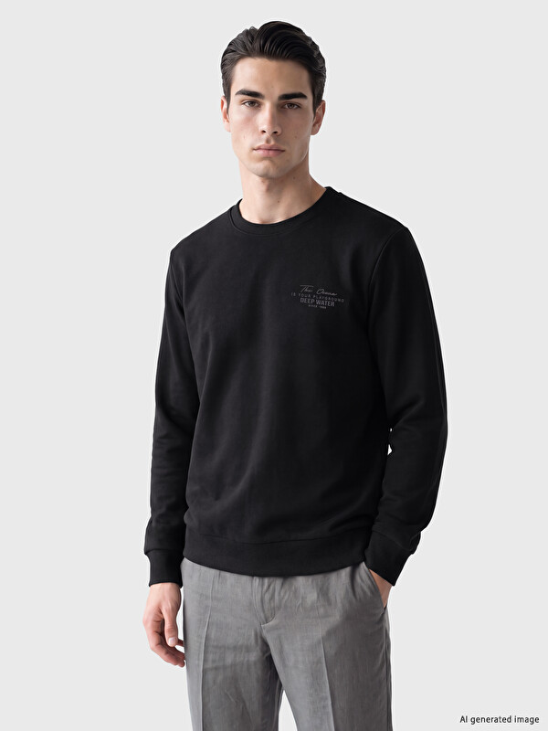LCWAIKIKI Classic Bisiklet Yaka Baskılı Erkek Kalın Sweatshirt
