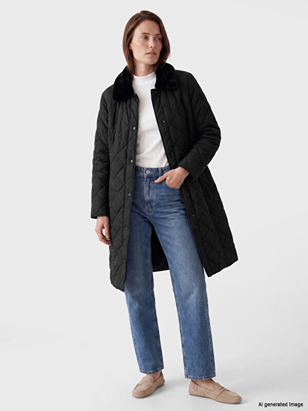 LCW Grace Fur Detailed Shirt Collar Quilted Women's Puffer Coat