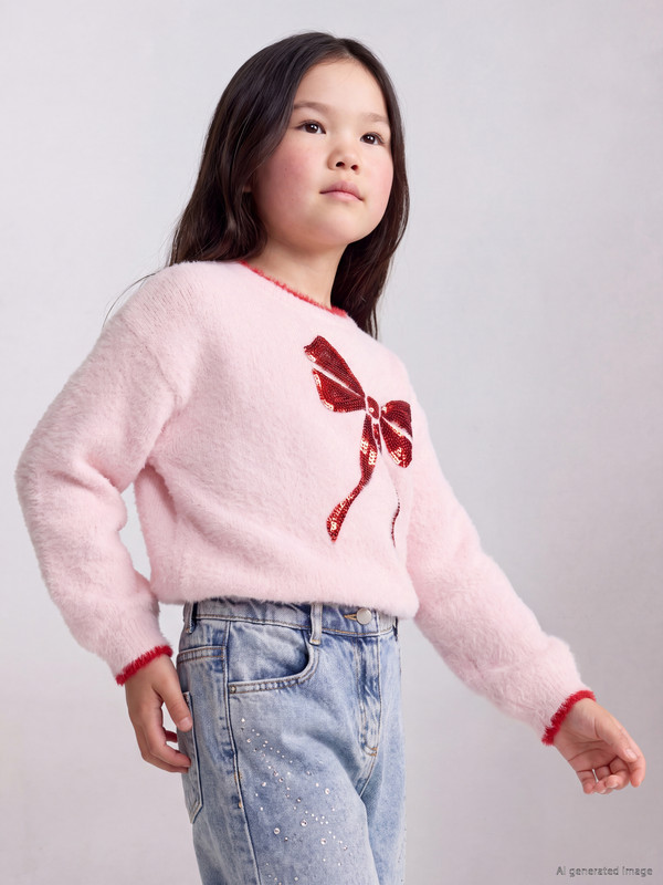 LCW Kids Crew Neck Sequined Girls' Plush Sweater