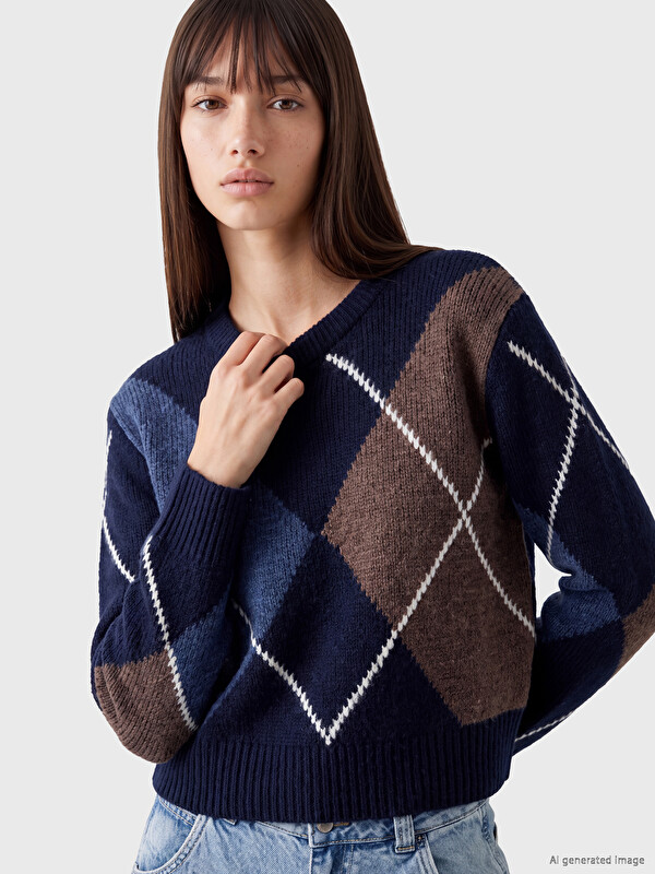 XSIDE Crew Neck Argyle Patterned Women's Knitwear Sweater