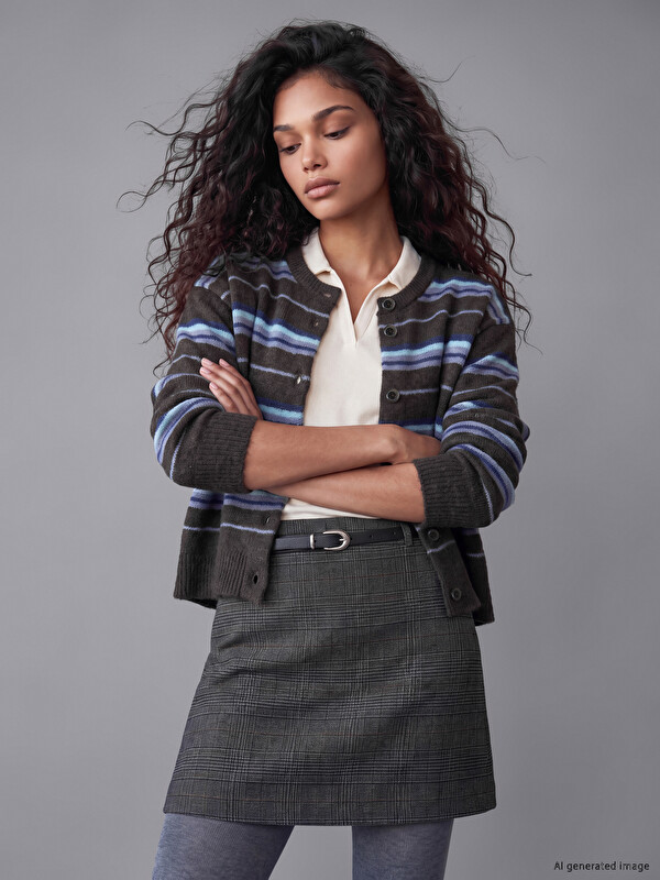 XSIDE Cardigan Tricotat Vărgat cu Guler Rotund pentru Femei