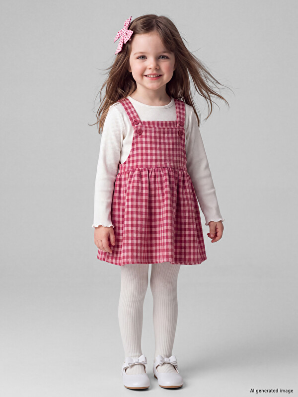 LCW baby Plaid Baby Girls' Dungaree Dress and T-shirt