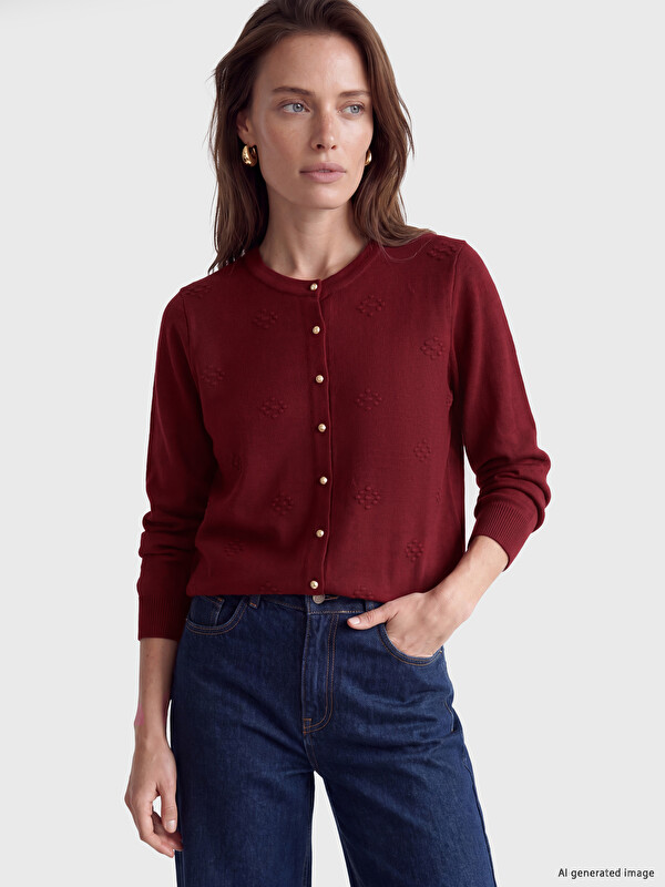 LCW Grace Crew Neck Embossed Patterned Women's Knitwear Cardigan