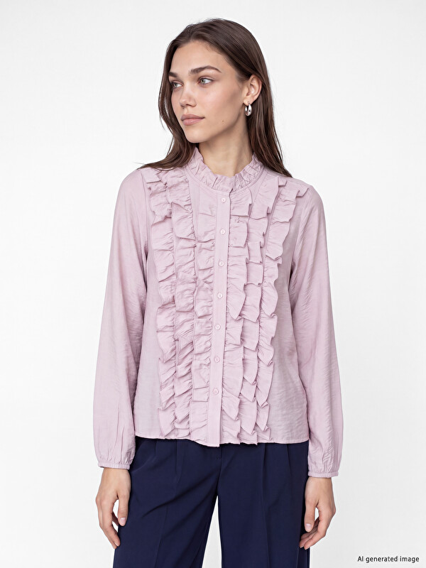 LCW Modest Ruffle Detailed Grandad Collar Women's Blouse