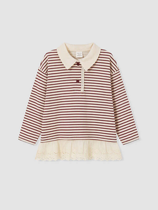 LCW Kids Polo Yaka Çizgili Kız Çocuk Sweatshirt