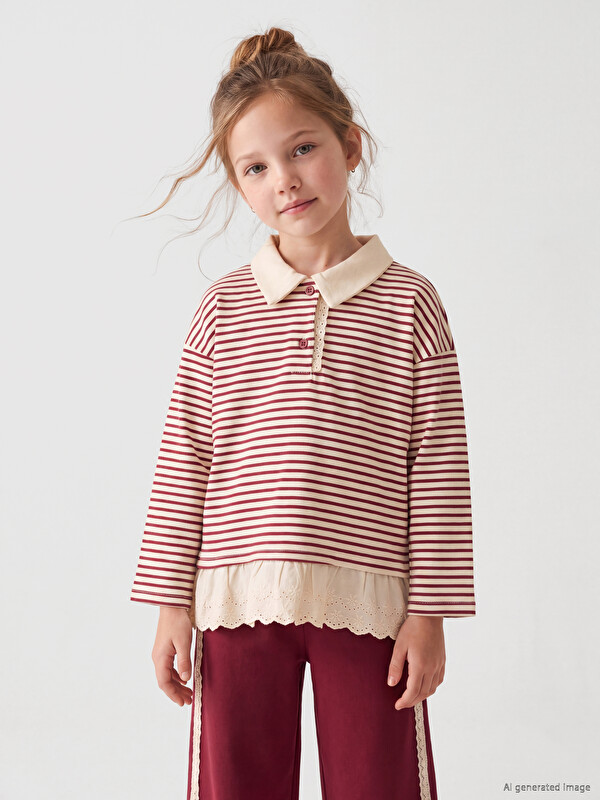 LCW Kids Polo Yaka Çizgili Kız Çocuk Takım