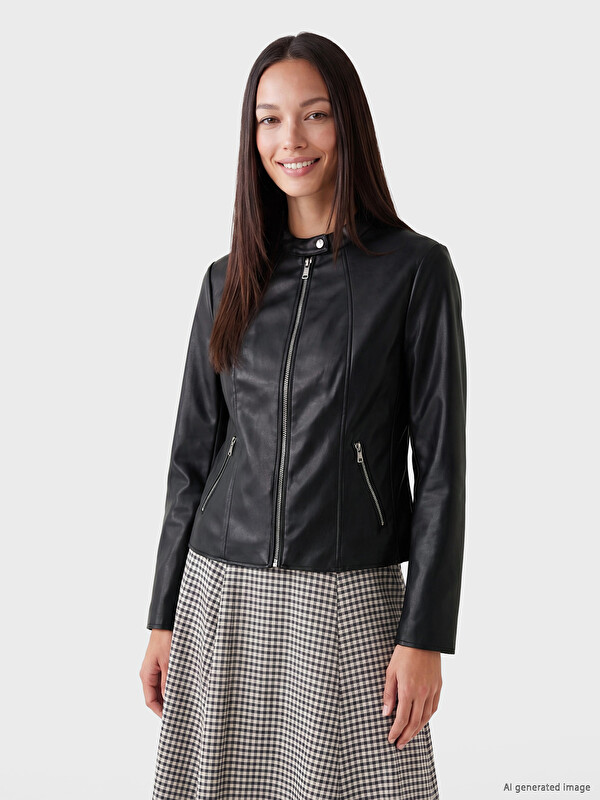 LCW EVERYDAY Crew Neck Women's Faux Leather Jacket