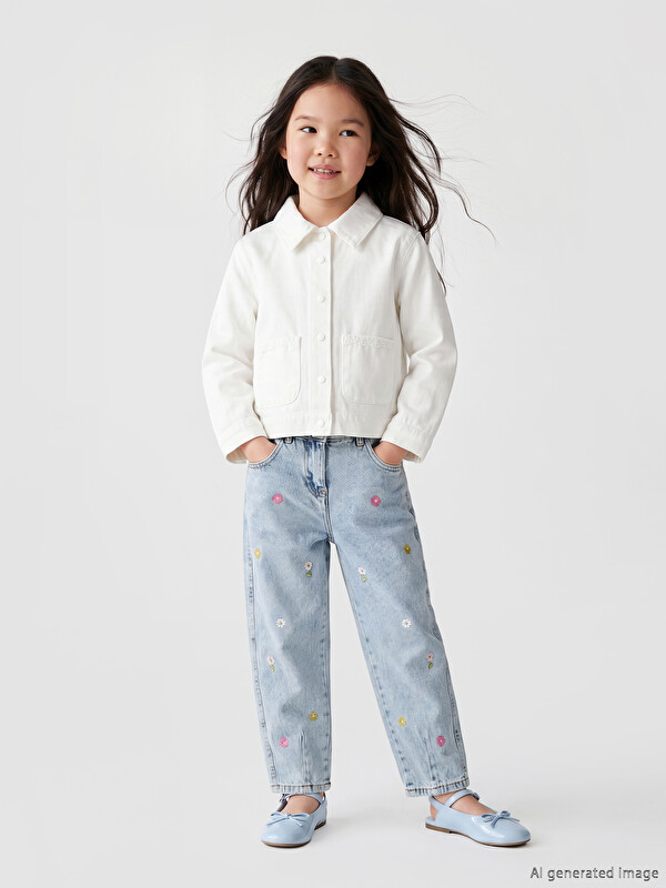 LCW Kids Çiçek Nakışlı Kız Çocuk Jean Pantolon
