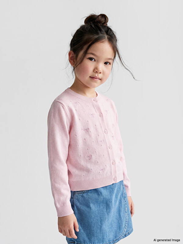 LCW Kids Nakışlı Bisiklet Yaka Kız Çocuk Triko Hırka