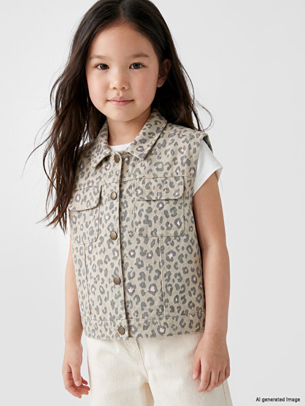 LCW Kids Leopar Desenli Kız Çocuk Gabardin Yelek