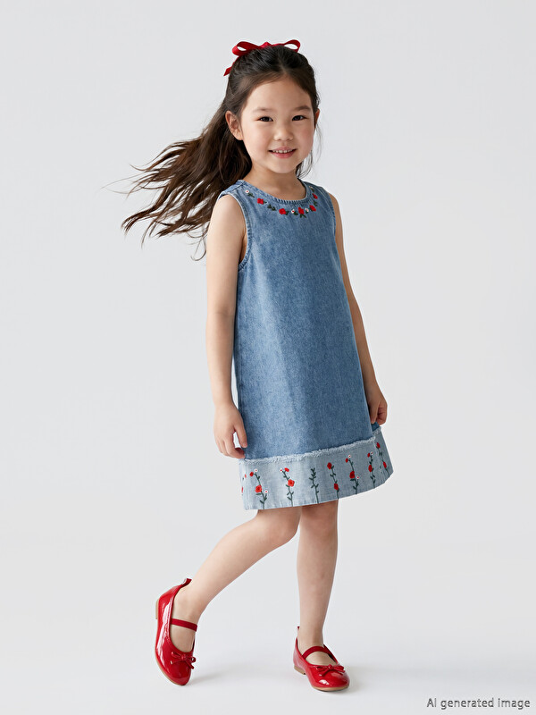 LCW Kids Çiçek Nakışlı Kız Çocuk Jean Elbise