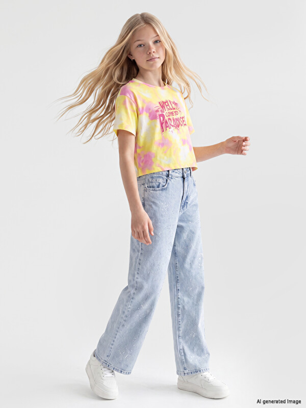 LCW Kids Wideleg Taşlı Kız Çocuk Jean Pantolon
