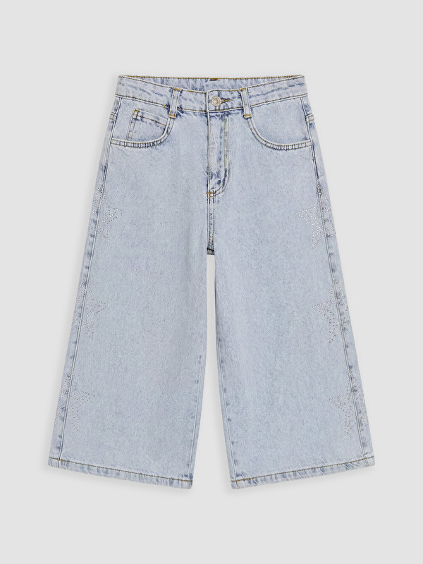 LCW Kids Geniş Paça Taşlı Kız Çocuk Jean Şortolon