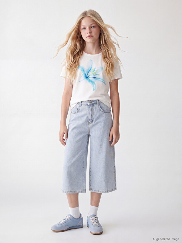 LCW Kids Wide Leg Rhinestone Embellished Girls' Denim Shorts