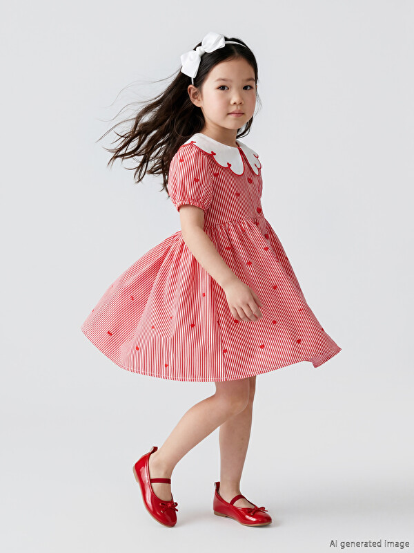 LCW Kids Bebe Yaka Kalp Nakışlı Kız Çocuk Elbise