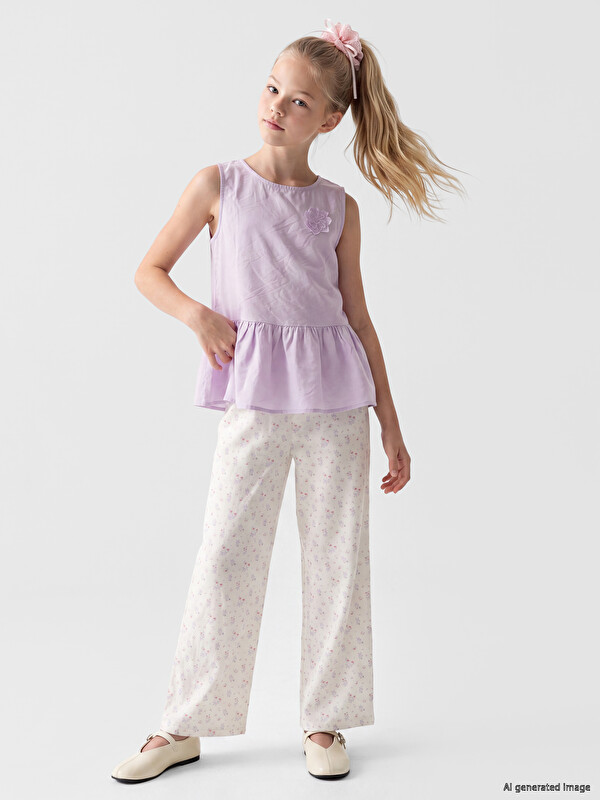 LCW Kids Geniş Paça Çiçekli Kız Çocuk Pantolon