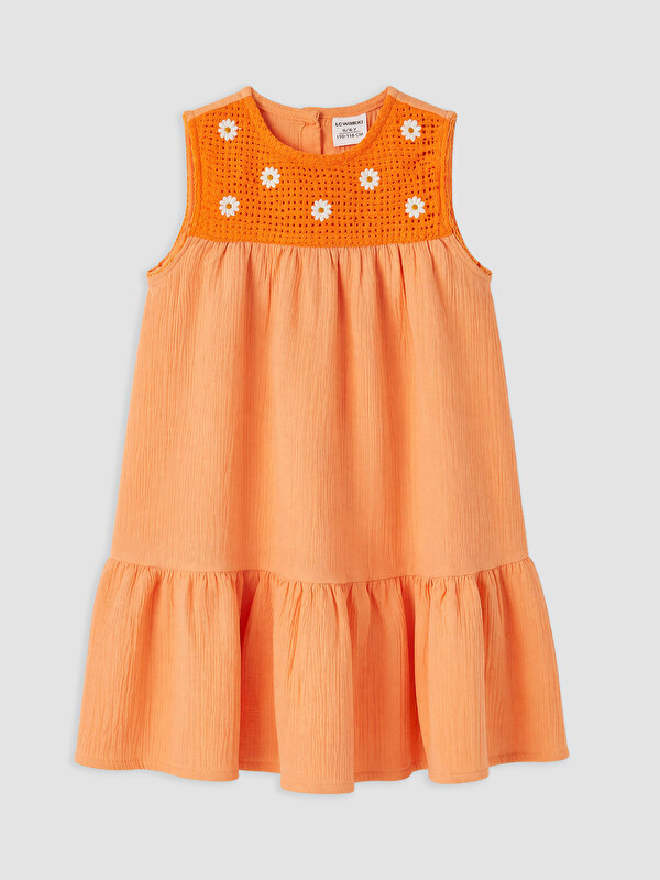 LCW Kids Bisiklet Yaka Papatya Nakışlı Kız Çocuk Elbise