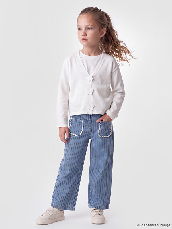 LCW Kids Wideleg Simli Çizgili Kız Çocuk Jean Pantolon