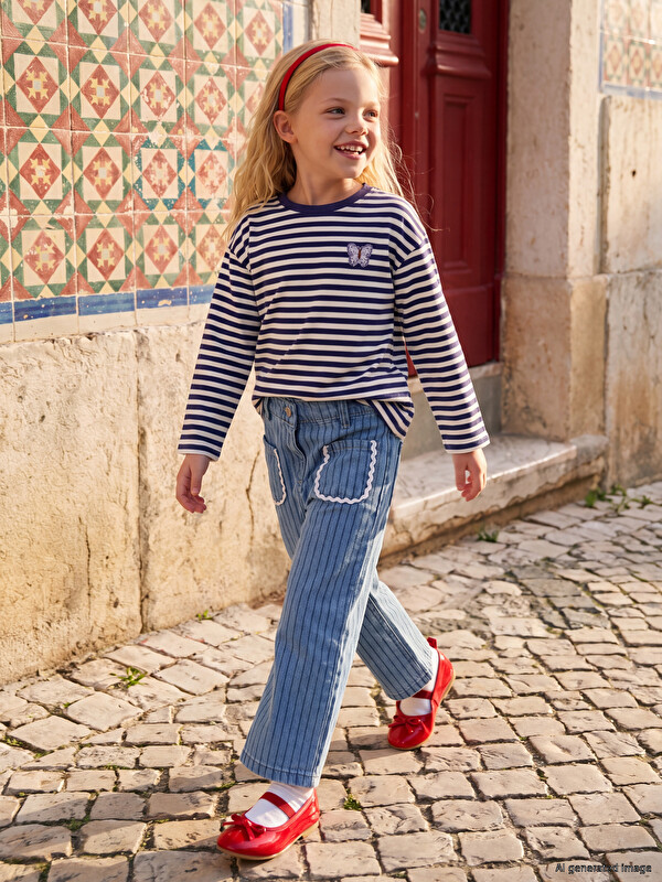 LCW Kids Wideleg Glittery Striped Girls' Jeans
