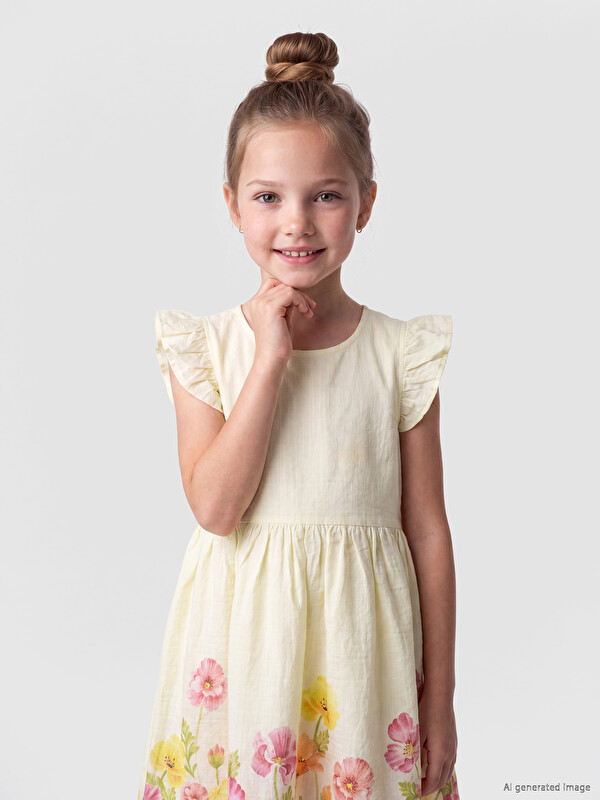 LCW Kids Bisiklet Yaka Çiçek Baskılı Kız Çocuk Elbise