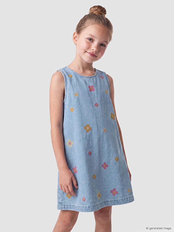 LCW Kids Bisiklet Yaka Çiçek Nakışlı Kız Çocuk Elbise