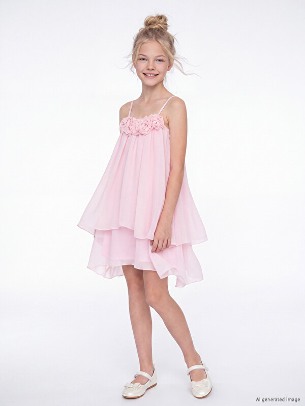 LCW Kids Strappy Flower Detailed Girls' Chiffon Dress