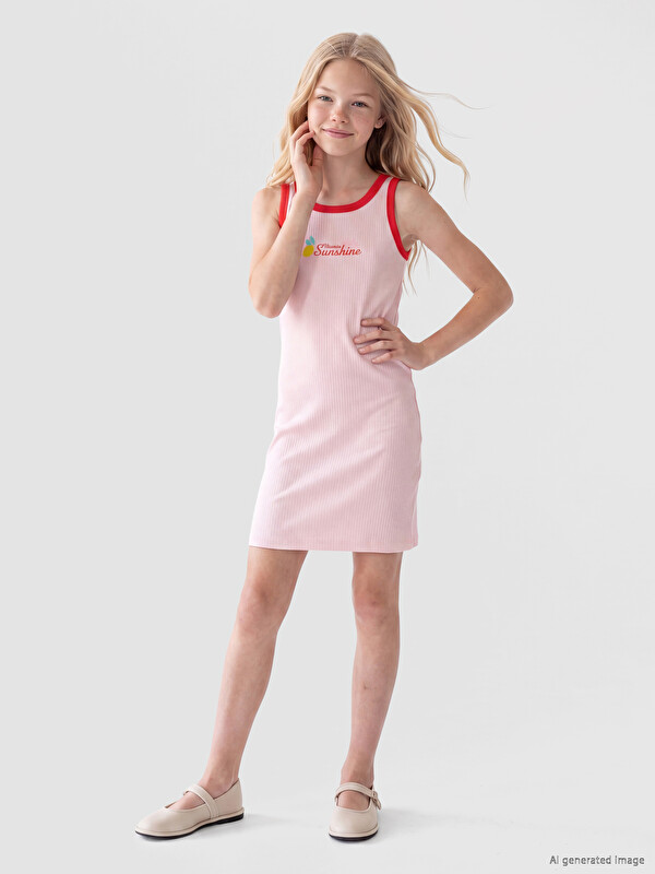 LCW Kids Bisiklet Yaka Baskılı Kız Çocuk Elbise