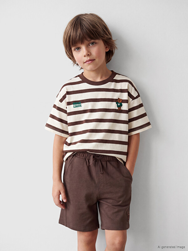 LCW Kids Çizgili Nakışlı Erkek Çocuk Tişört