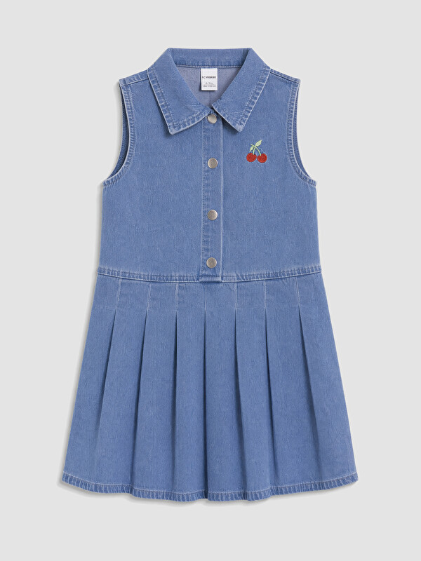 LCW Kids Gömlek Yaka Pileli Kız Çocuk Jean Elbise