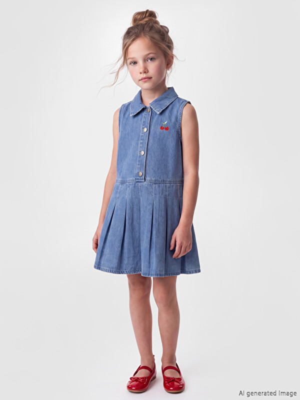 LCW Kids Плисиран тексас фустан со јака на кошула за девојчиња