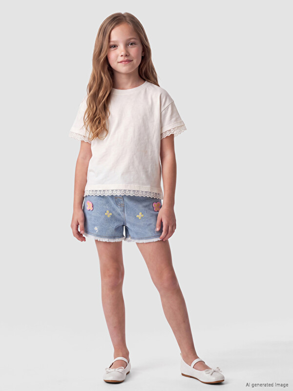 LCW Kids Çiçek Nakışlı Kız Çocuk Jean Şort