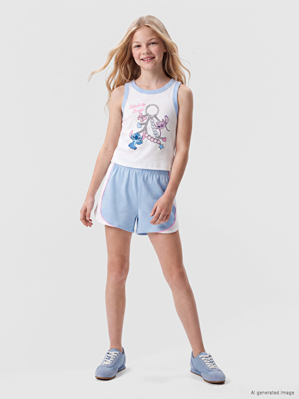 LCW Kids Stitch ve Angel Lisanslı Kız Çocuk Şortlu Takım