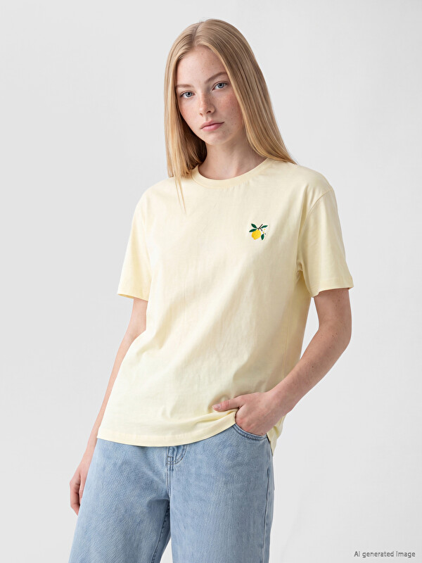 XSIDE Limon Nakışlı %100 Pamuklu Kadın Tişört