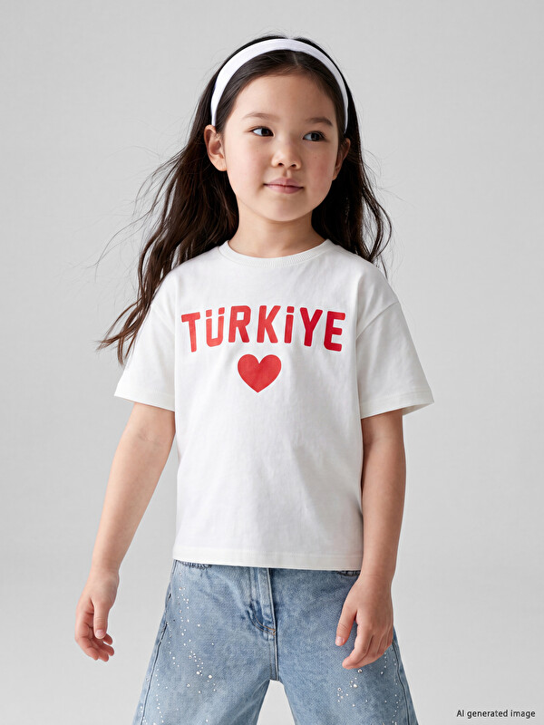 LCW Kids Bisiklet Yaka Baskılı Kız Çocuk Tişört