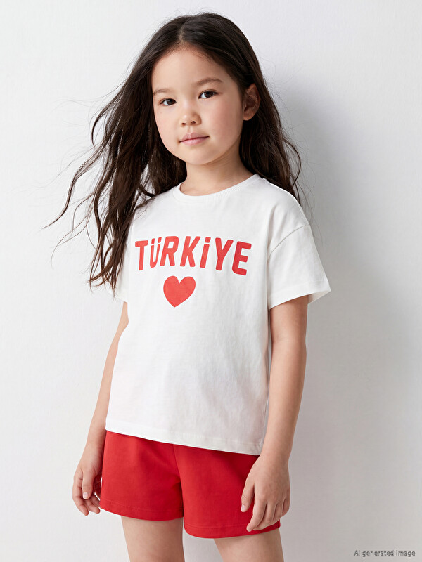 LCW Kids Bisiklet Yaka Baskılı Kız Çocuk Tişört