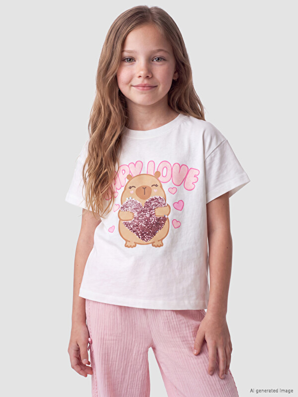 LCW Kids Tricou de Fată Guler Rotund Paietat