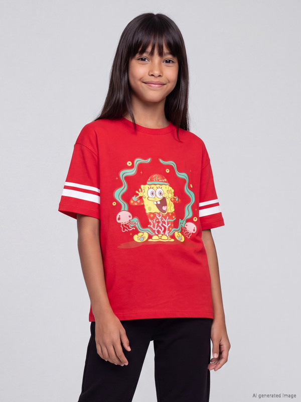 LCW Kids Sünger Bob Baskılı Kız Çocuk Tişört