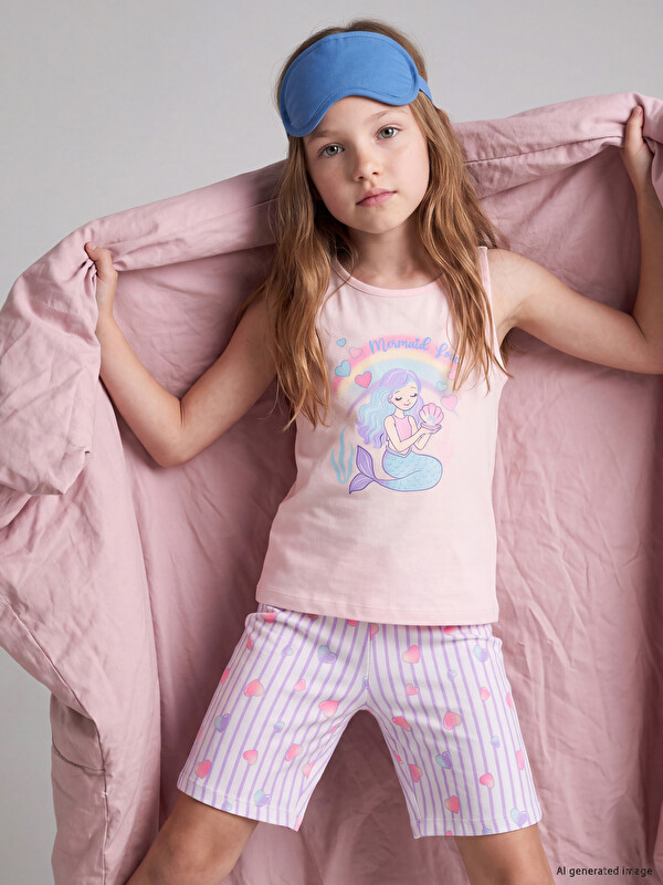 LCW Kids Crew Neck Printed Girls' Shortie Pyjamas Set