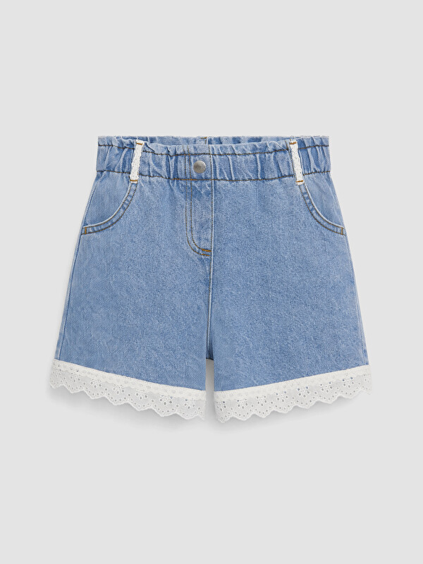 LCW Kids Beli Lastikli Dantel Detaylı Kız Çocuk Jean Şort